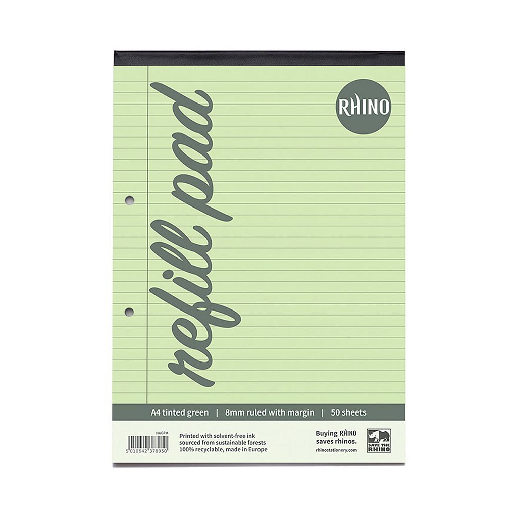 RHINO A4 Refill Pad - Green Paper - 8mm Lined + Margin | 100pg/1pk