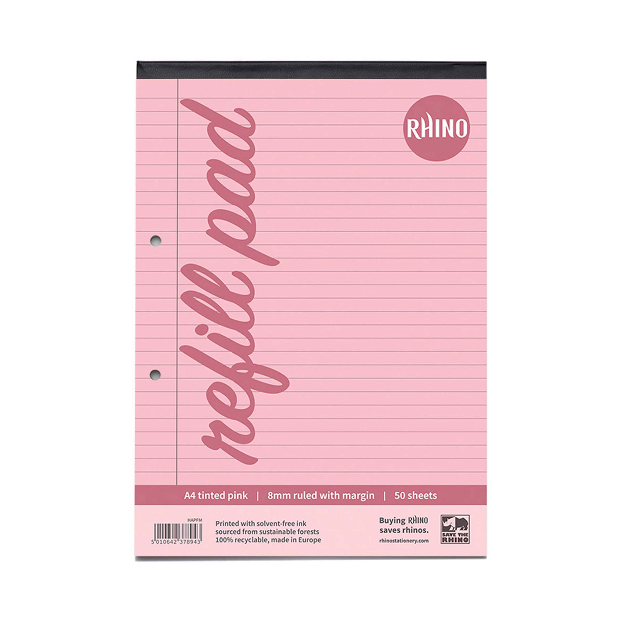 RHINO A4 Refill Pad - Pink Paper - 8mm Lined + Margin | 100pg/1pk