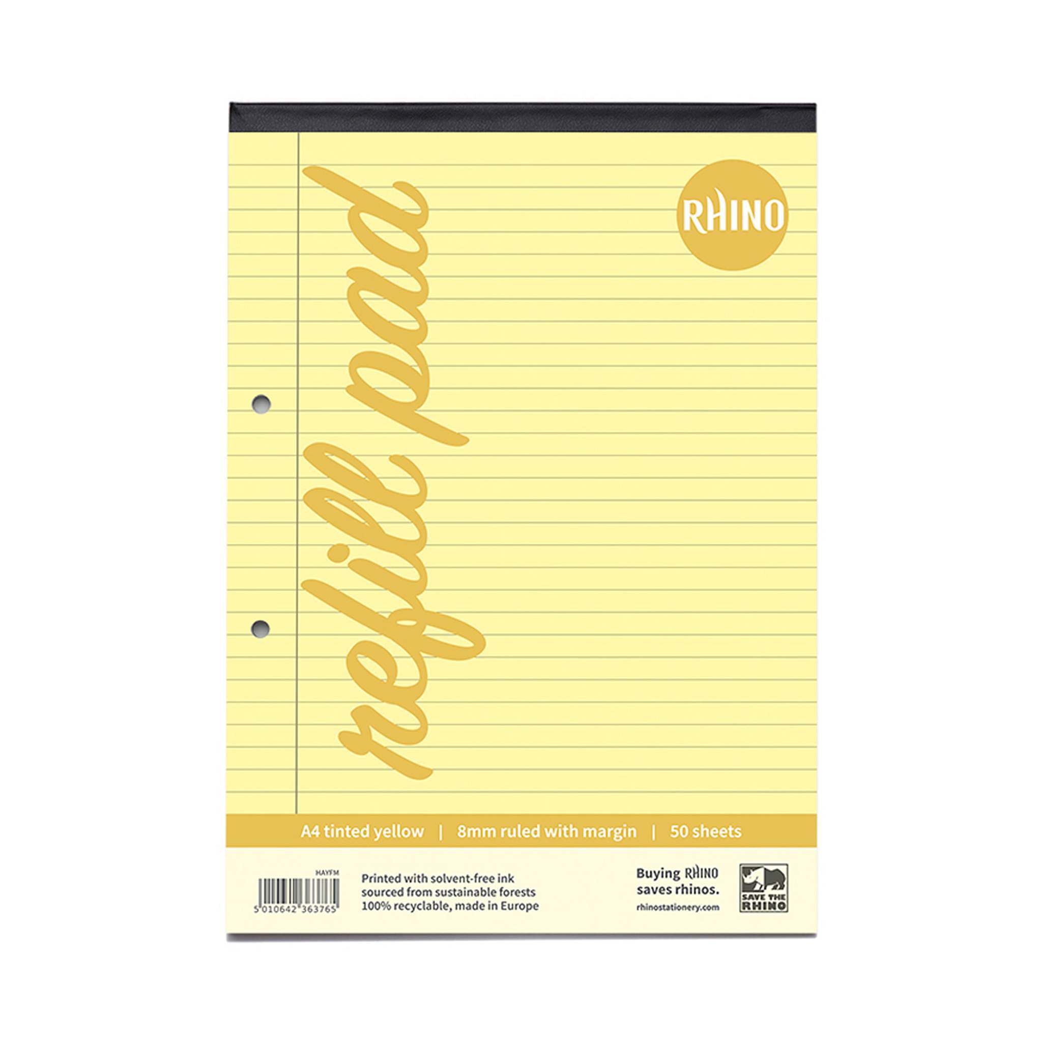 RHINO A4 Refill Pad - Yellow Paper - 8mm Lined + Margin | 100pg/1pk