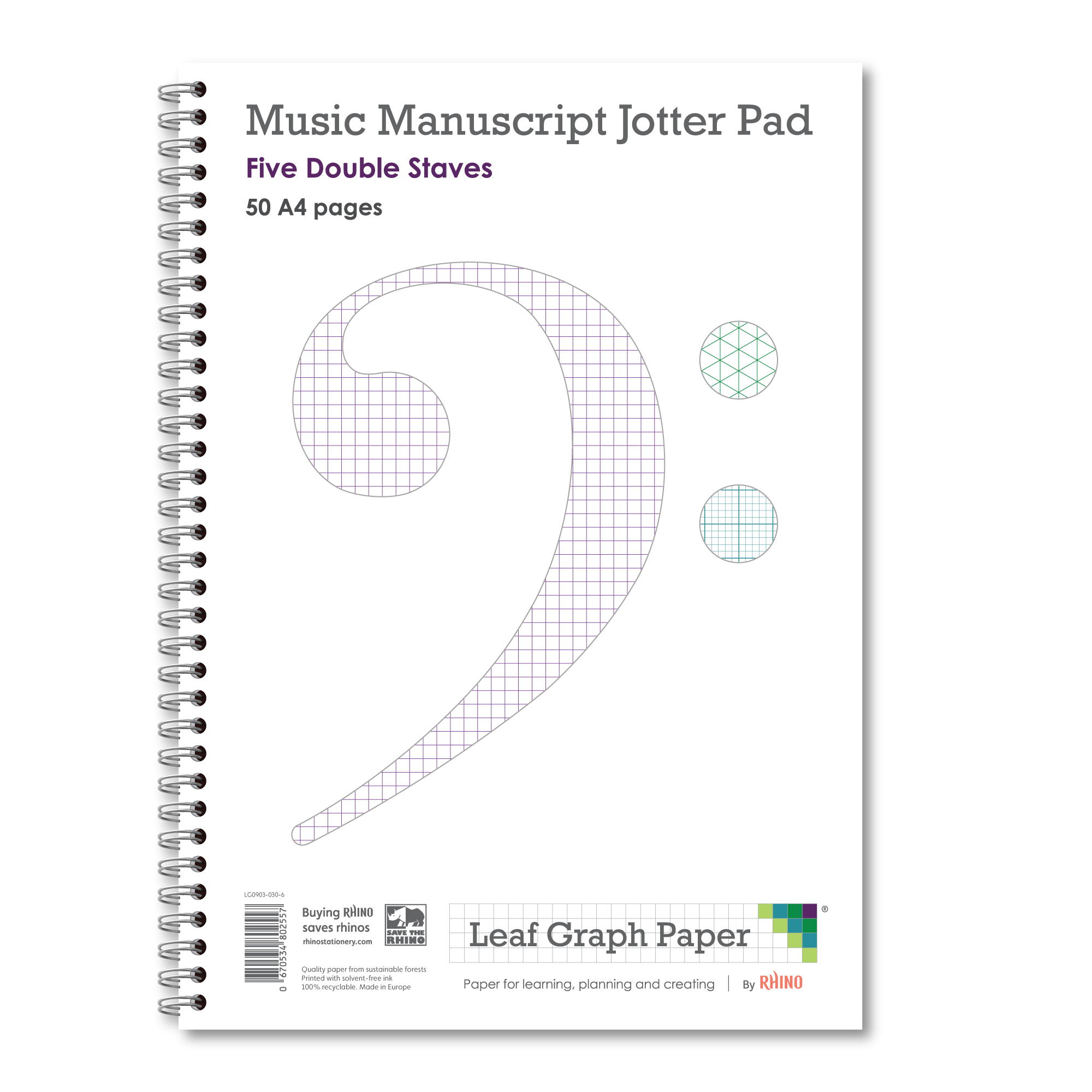 Leaf Graph Paper A4 Music Manuscript Jotter Pad - 5 Double Staves | 50pg