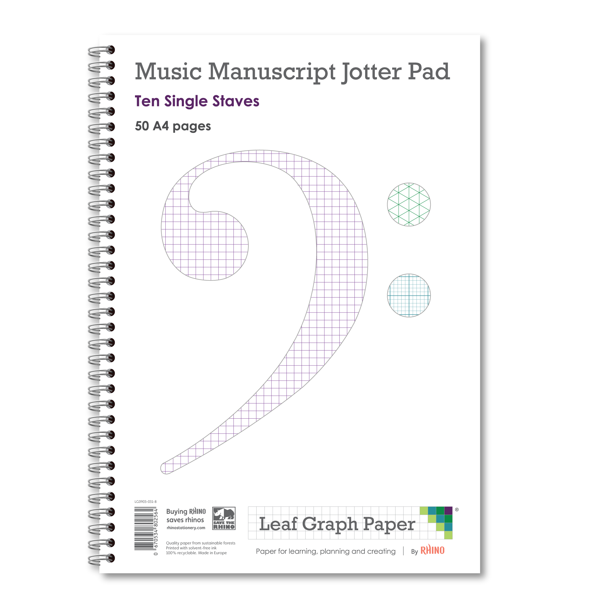 Leaf Graph Paper A4 Music Manuscript Jotter Pad - 10 Single Staves | 50pg
