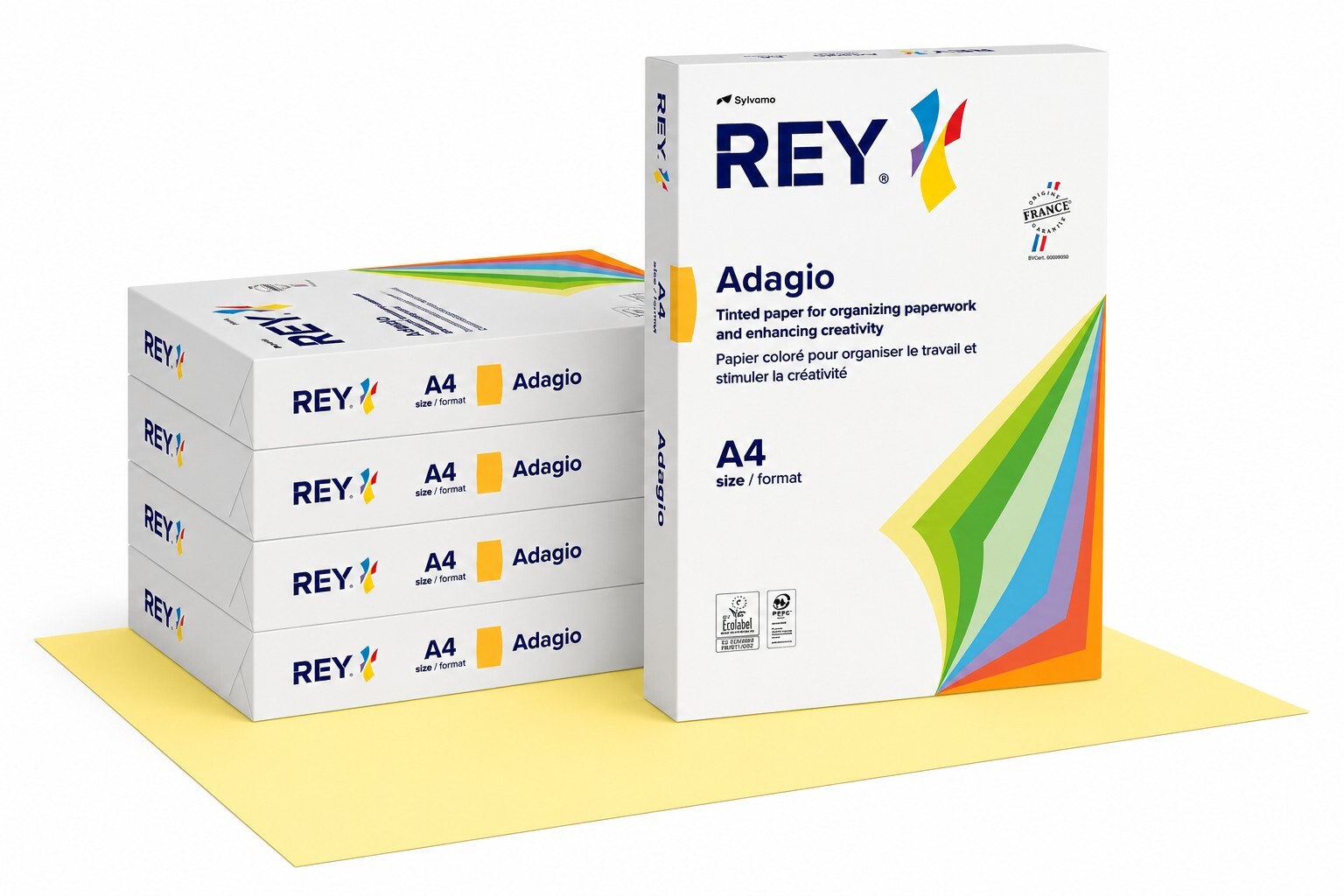 Rey Adagio Coloured Paper, Canary Yellow, A4, White Copy Paper, 80-gm / 5 Packs