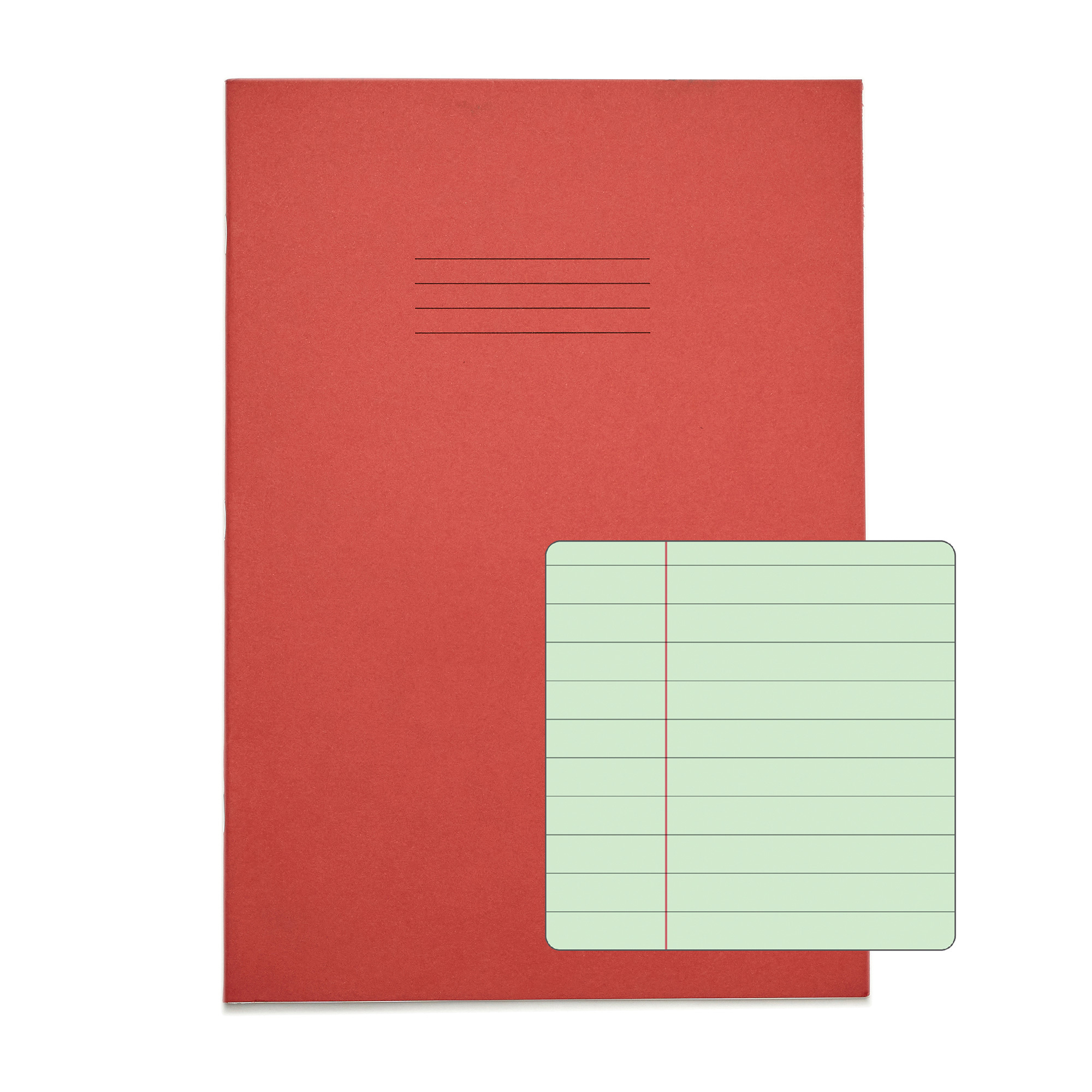 RHINO A4 Exercise Book - 8mm Lined + Margin - Green Tinted Paper | 48pg/50pk - Red