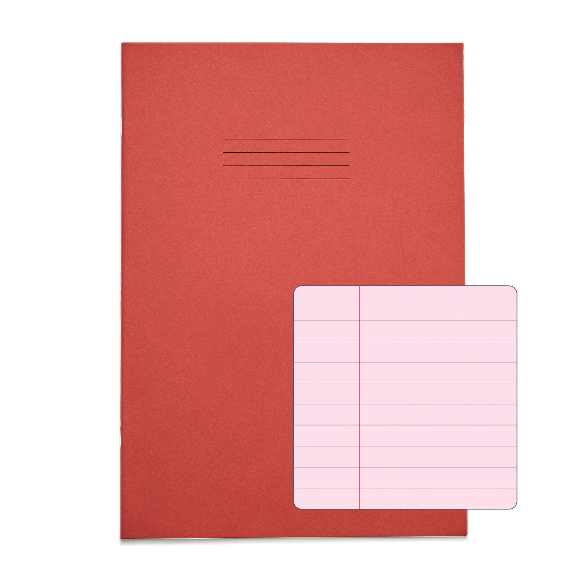 RHINO A4 Exercise Book - 8mm Lined + Margin - Pink Tinted Paper | 48pg/50pk - Red