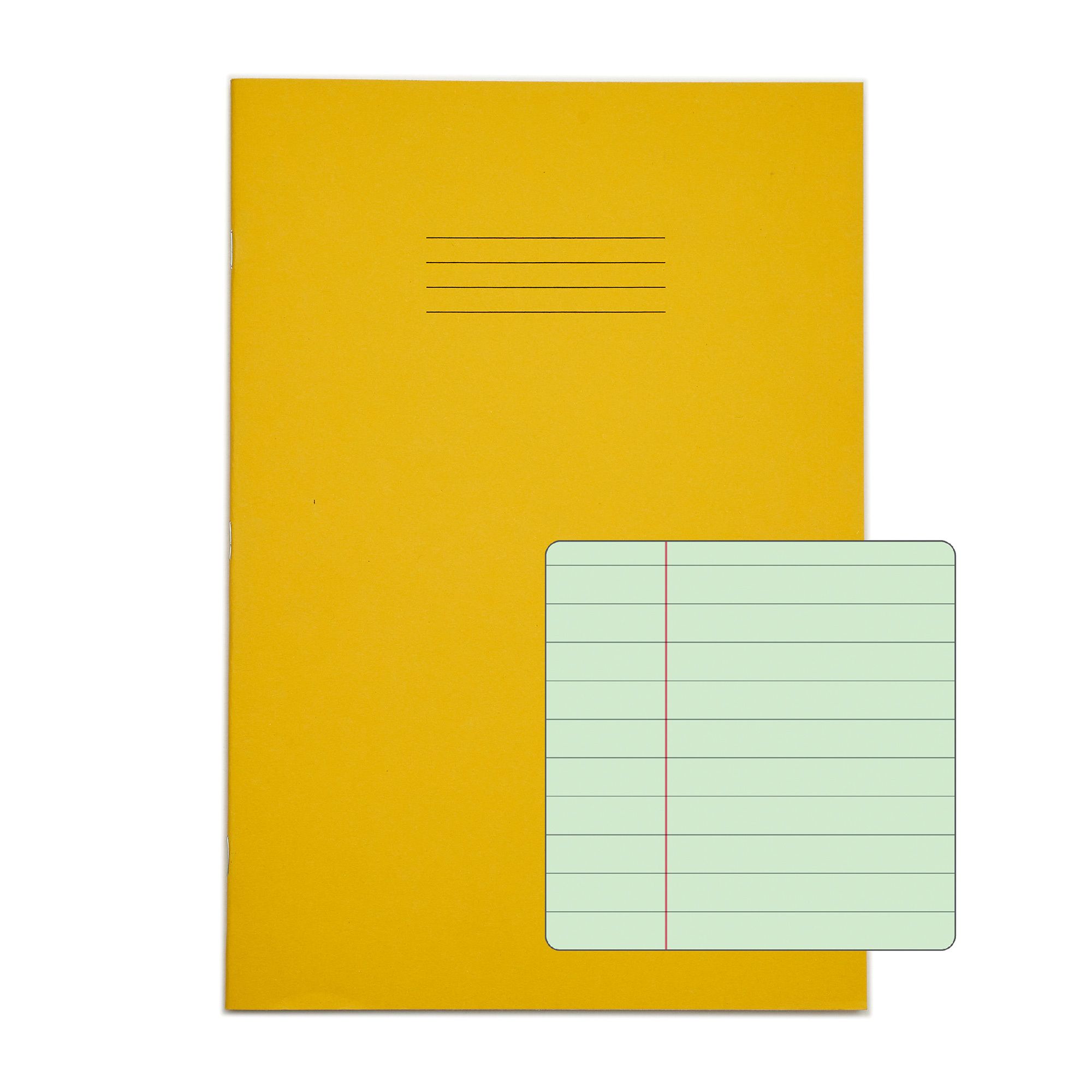 RHINO A4 Exercise Book - 8mm Lined + Margin - Green Tinted Paper | 48pg/10pk - Yellow