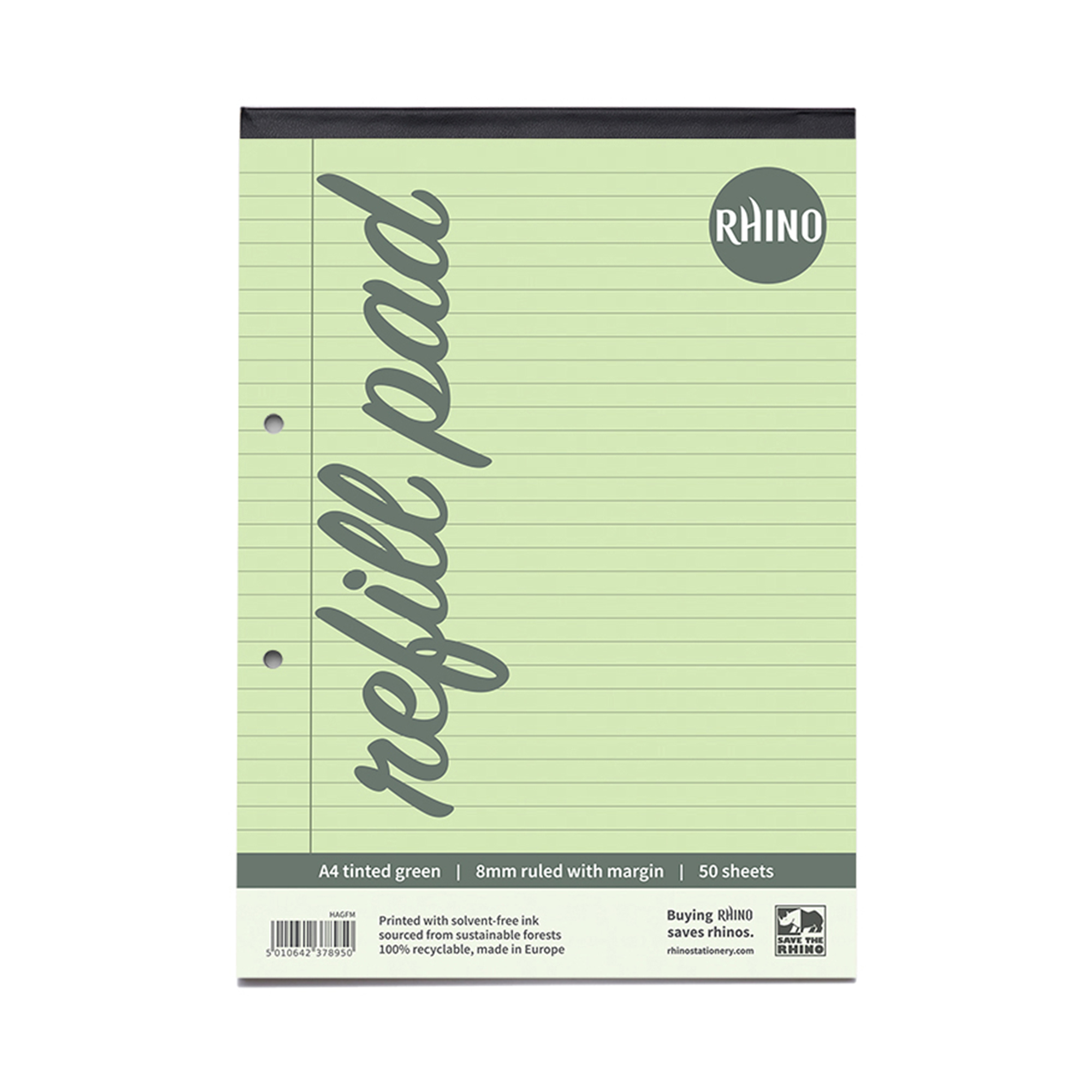 RHINO A4 Refill Pad - Green Paper - 8mm Lined + Margin | 100pg/6pk