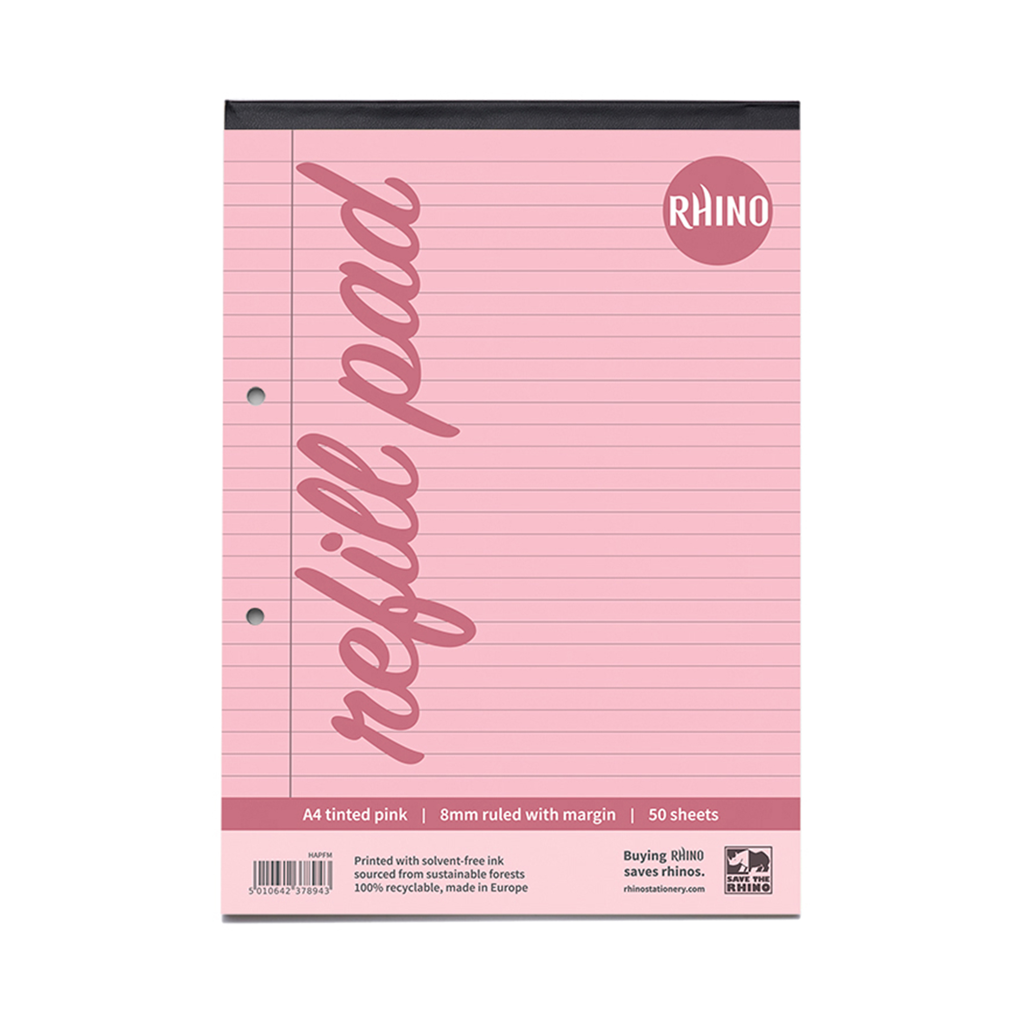 RHINO A4 Refill Pad - Pink Paper - 8mm Lined + Margin | 100pg/6pk