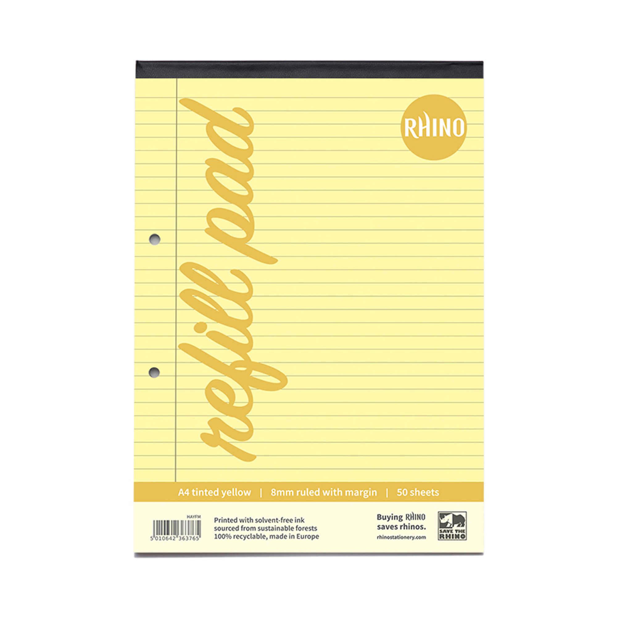 RHINO A4 Refill Pad - Yellow Paper - 8mm Lined + Margin | 100pg/36pk