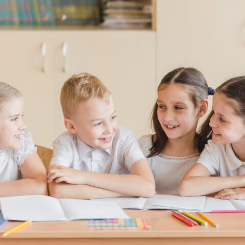Cheerful kids chatting lesson square - Rhino Stationery